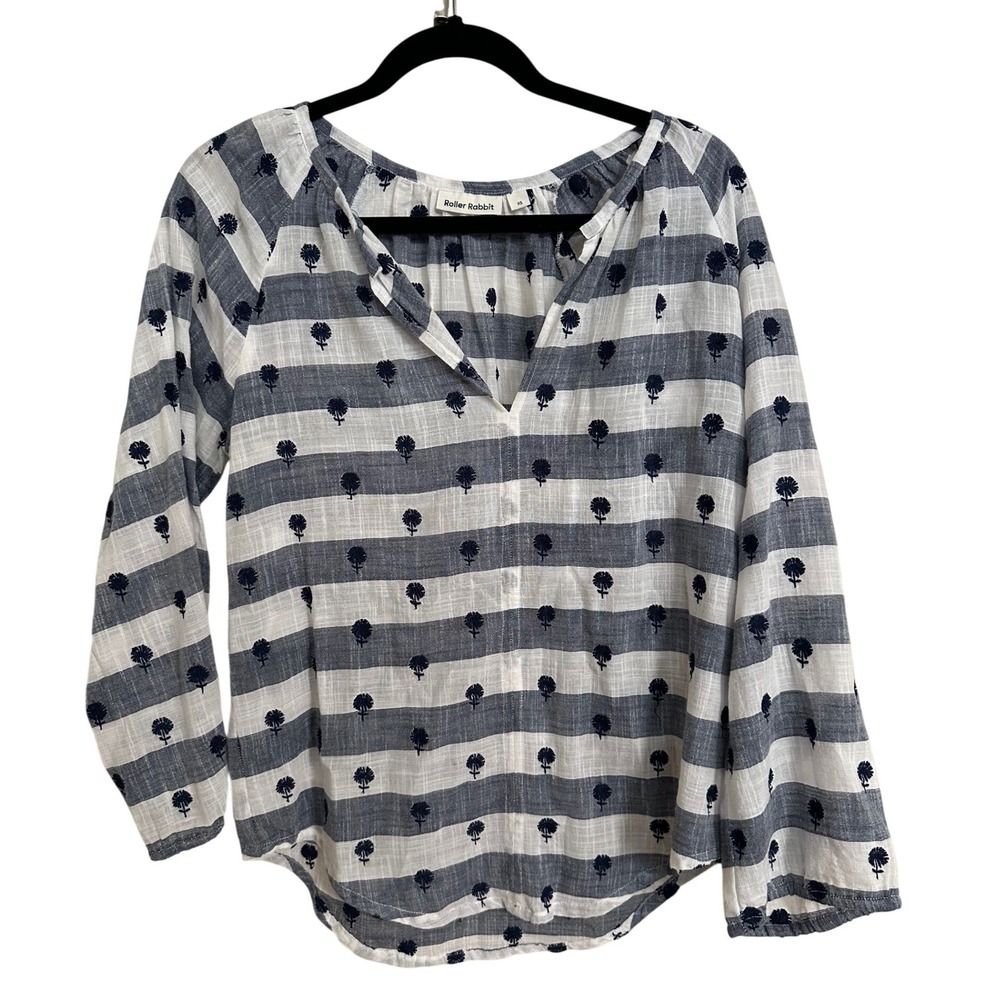 Roller Rabbit Blue White Striped Floral Embroidered Cotton Blouse XS
